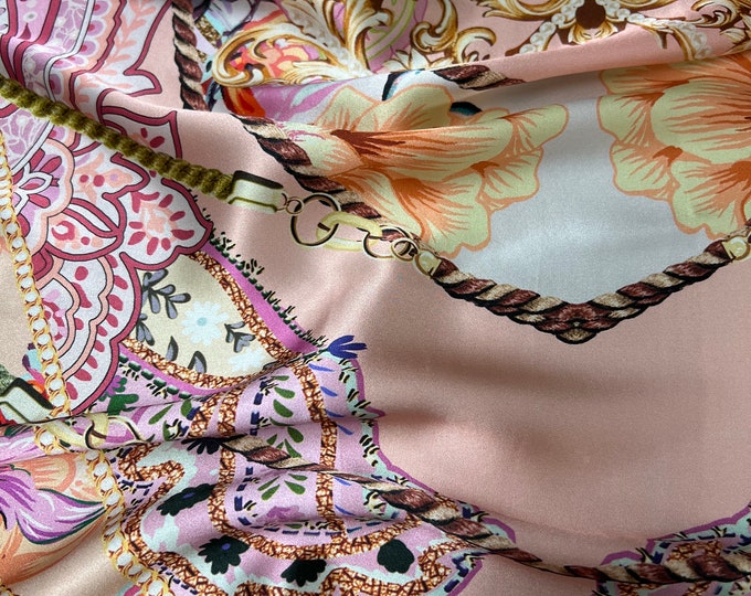 100% silk satin charmeuse digital print 54" wide    Beautiful peach base jewelry design pink green yellow floral design fabric 54” wide