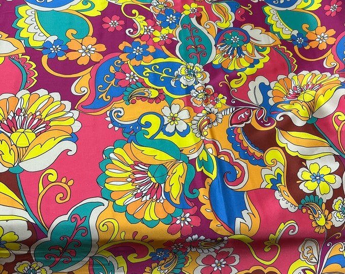 100% silk satin charmeuse digital print 54" wide    Beautiful Pasely design multi colors Fusia yellow green print silk fabric 54” wide