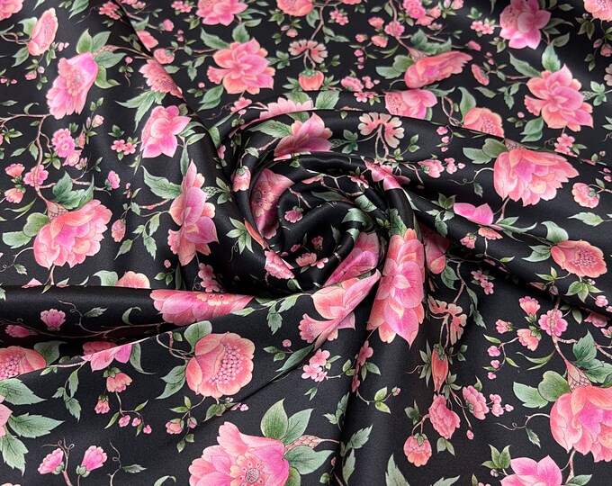 100% Silk Satin charmeuse digital print 54" beautiful black base color with pink allover floral design printed Fabric sold by the yard