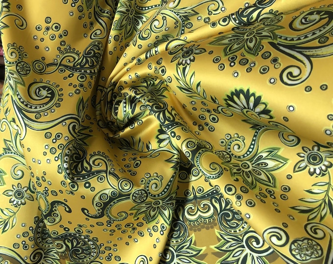 Mikado/ zibelline fabric 54” wide.  Beautiful mustard blue Grey Pasely border style design. Best used for appreal and home Decor