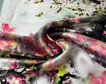 100% silk satin charmeuse digital print 54" wide    Beautiful silver gray base with pink grays gold shades floral design  fabric 54” wide