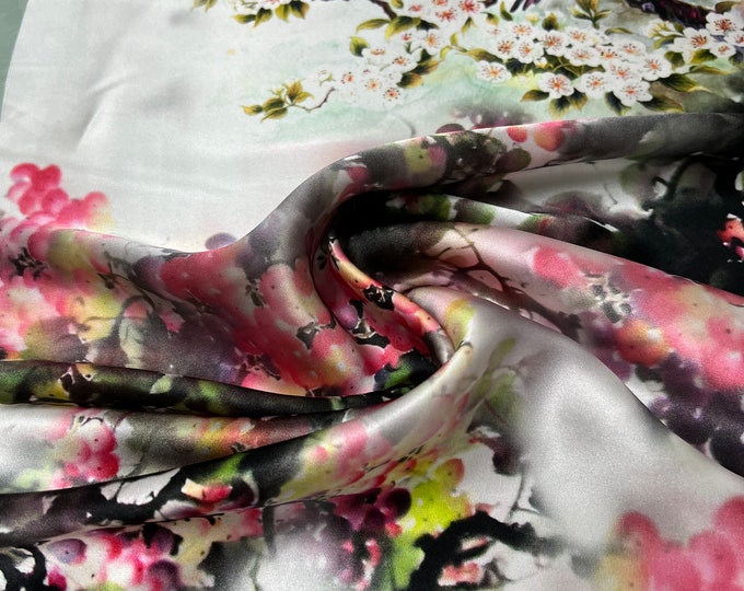 100% silk satin charmeuse digital print 54" wide    Beautiful silver gray base with pink grays gold shades floral design  fabric 54” wide