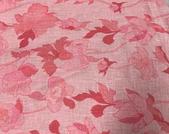 100% Linen designer print, light pink base with coral pink shades floral  designer printed linen. 58” wide Sold by the yard