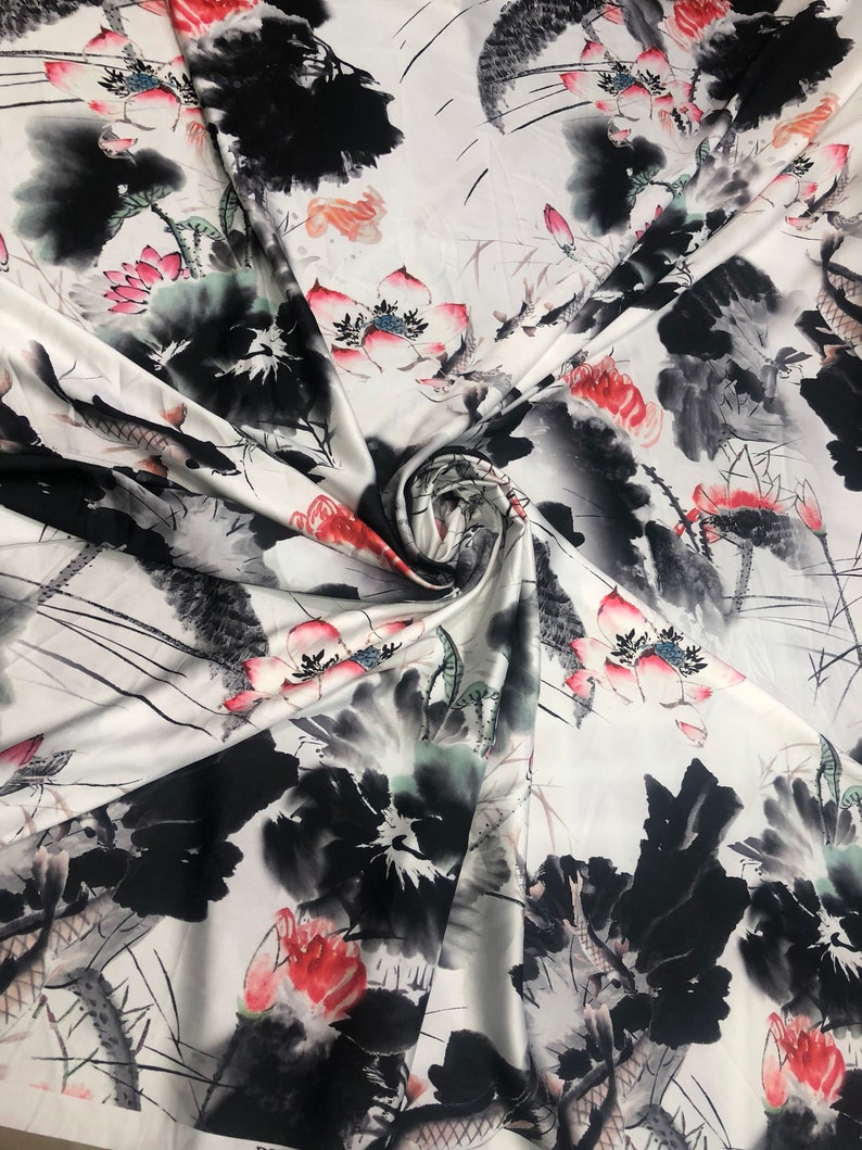 Satin charmeuse digital print 54 wide Beautiful white black red colors silky satin charmeuse fabric sold by the yard