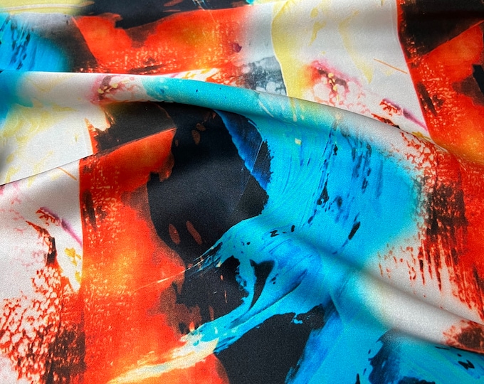 100% silk satin charmeuse digital print 54" wide    Beautiful silver black burnt orange turquoise abstract design soft fabric 54” wide