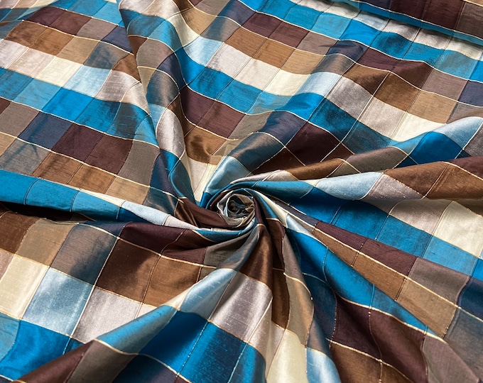 Beautiful turquoise aqua brown copper beige pink check with gold pin outline, best used for home decor & apparel.  Sold by the yard
