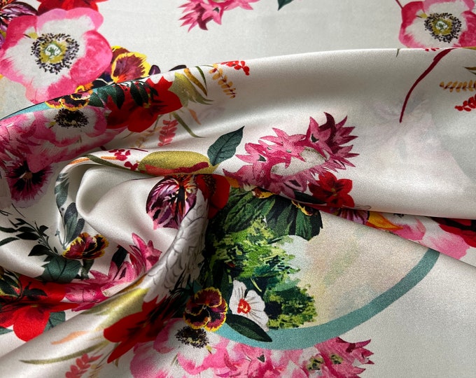 100% silk satin charmeuse digital print 54" wide    Beautiful beige base with multi color red green flowers design soft fabric 54” wide