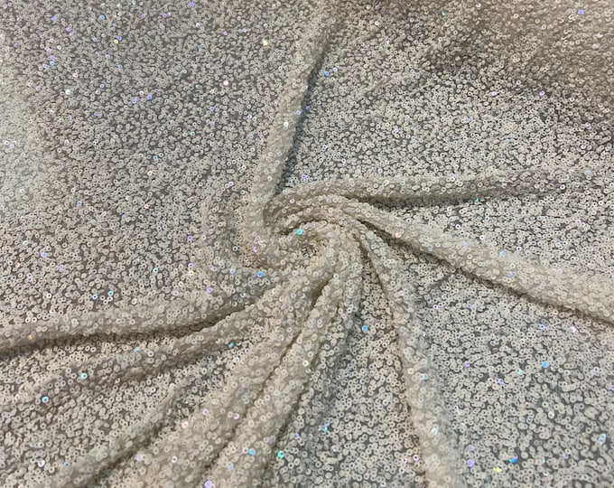 Beautiful ivory on ivory tiny florescent sequin hand embroidered on silk chiffon 45” wide. Best use for apparel