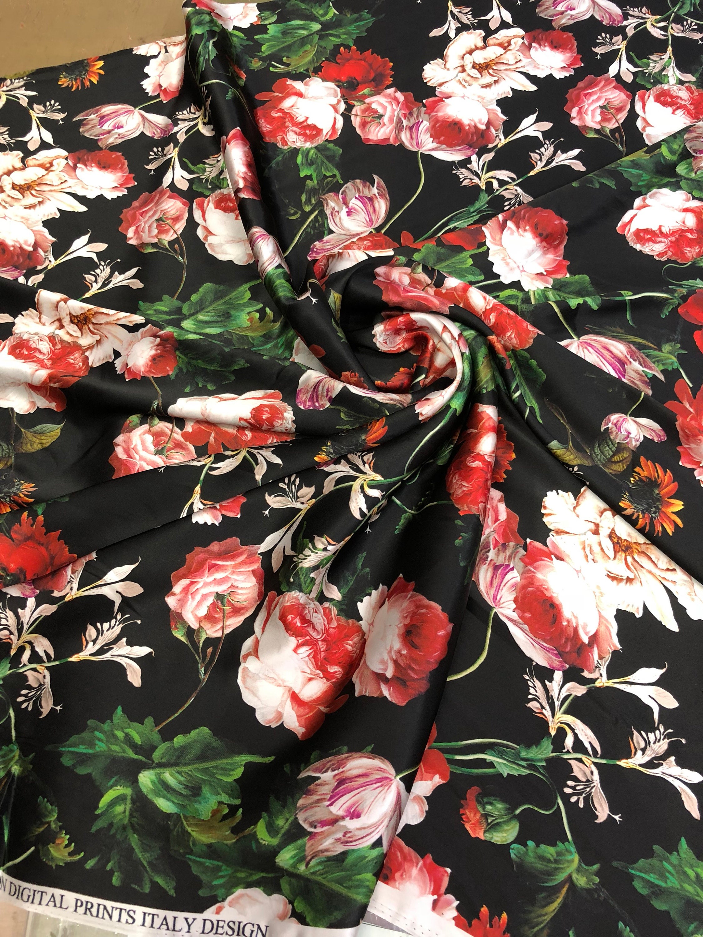 100% silk satin charmeuse digital print 54 wide Beautiful floral print ...