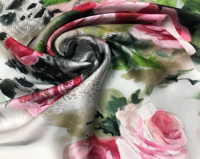 100% silk satin charmeuse digital print 54" wide    Beautiful pink shades with green leaves colors print silky soft fabric 54” wide