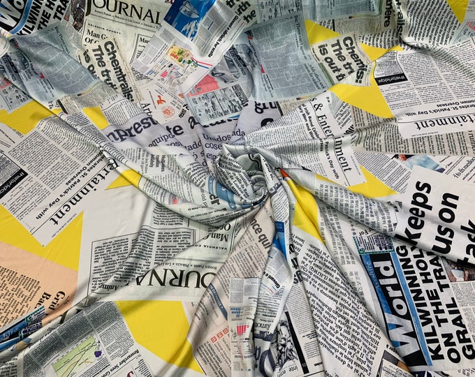 Designer digital printed Charmouse fabric 54” wide.  Beautiful newspaper print fabric sold by the yard.  Best use for fashion & apparel