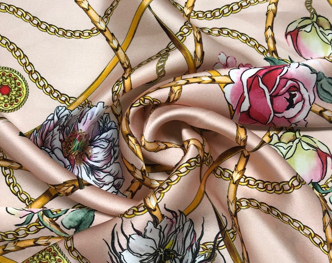 100% silk satin charmeuse digital print 54" wide    Beautiful rose pink base with gold pink blue floral print silky soft fabric 54” wide