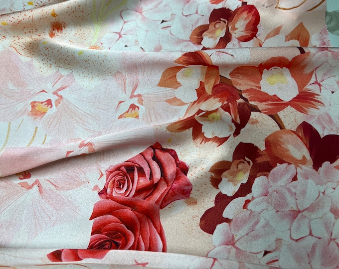 100% silk satin charmeuse digital print 54" wide    Beautiful peach ivory base red yellow color border floral design fabric 54” wide