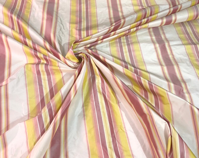 100% silk taffeta stripe 54" wide    Beautiful pink yellow white color      Fabric sold by the yard