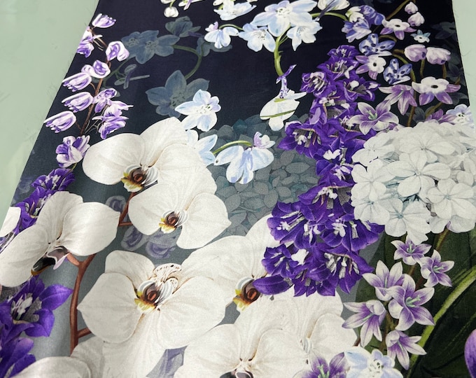 100% silk satin charmeuse digital print 54" wide    Beautiful black base border style purple white floral design soft fabric 54” wide