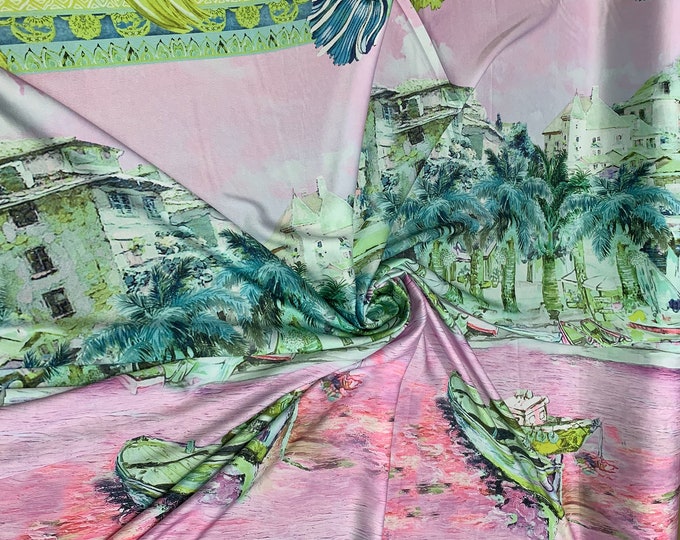 Designer digital printed Charmouse fabric 54” wide.  Beautiful pink greenish landscape design sold by the yard. Best use for apparel