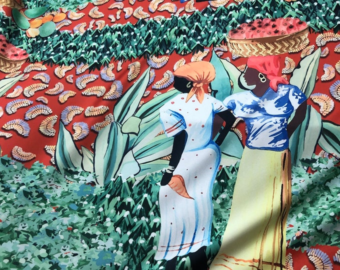 Beautiful green garden style tiber designer digital print on silky satin Charmouse 54” wide. Sold by the yard. Best used for apparel