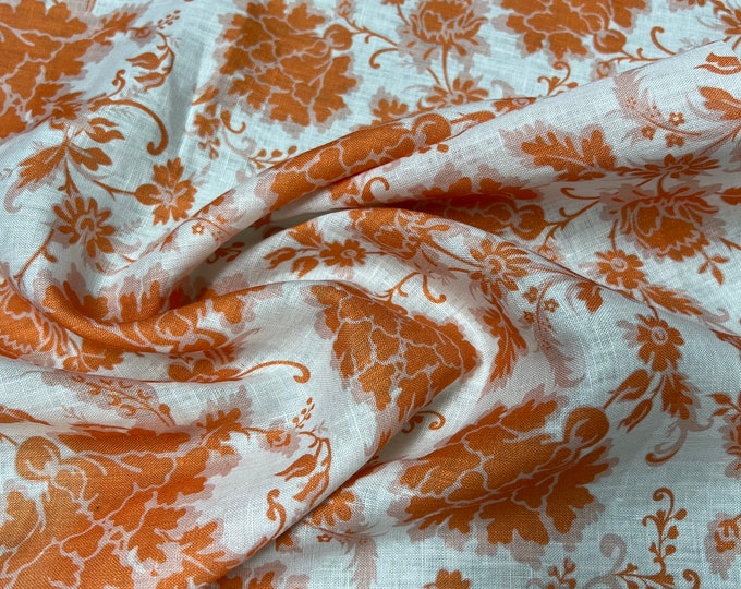100% Linen designer print, Ivory orange peach floral  designer printed linen. 58” wide Sold by the yard