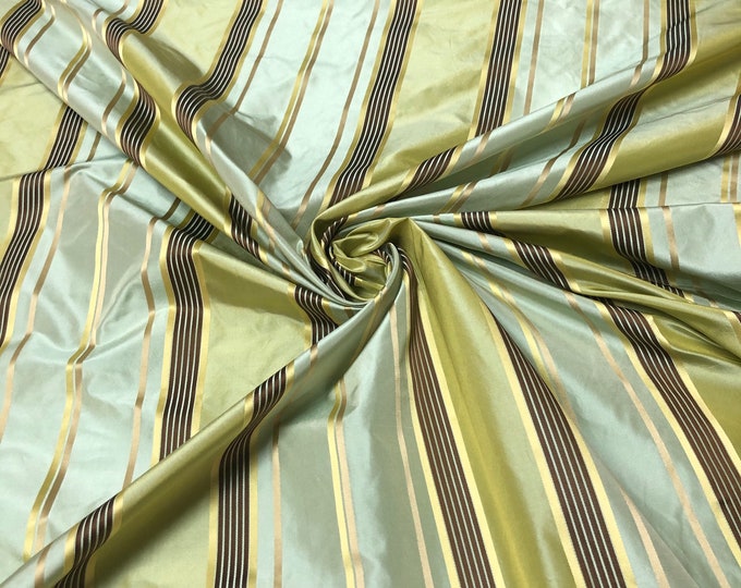 Silk taffeta 54"   Beautiful aqua blue green woth yellow gold shade with dark colors satin stripes  fabric sold by the yard