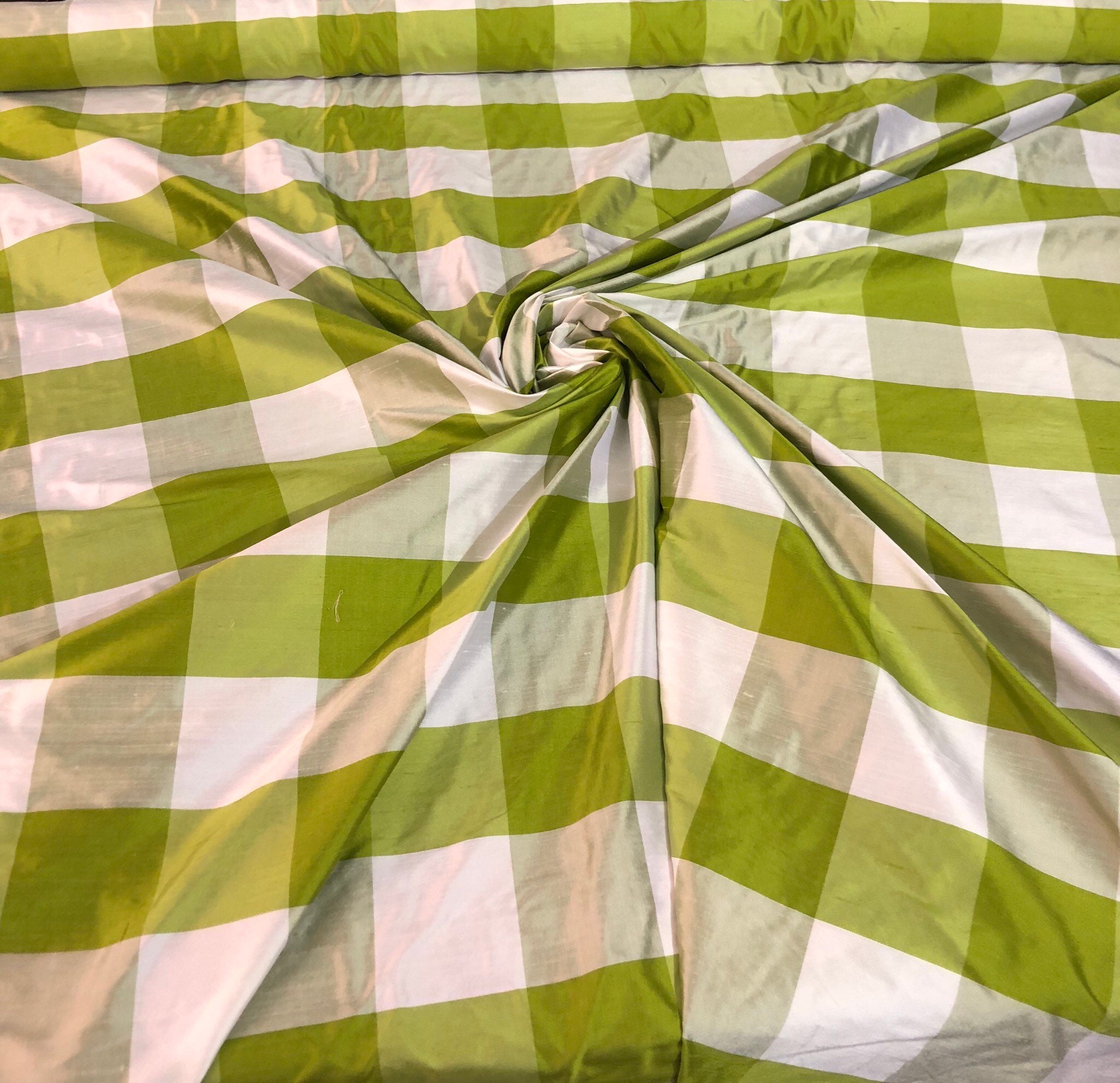 100 silk shantung plaid 54 wide Beautiful green white color Fabric