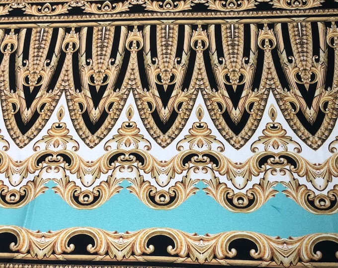 Beautiful Aqua blue with gold copper border style digital printed Charmouse 54” wide. Sold by the yard