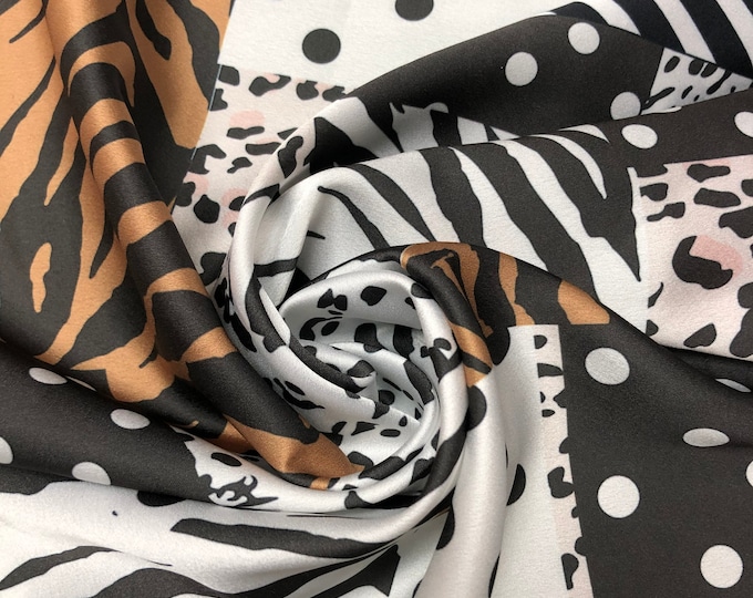 Soft Satin charmeuse digital print 54" wide   Beautiful black ivory mustard polka dot zebra snake animal design   Fabric sold by the yard