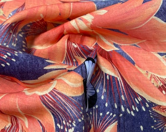 100% Linen designer print, beautiful boxer style burnt orange blue gray floral  designer printed linen. 58” wide Sold by the yard