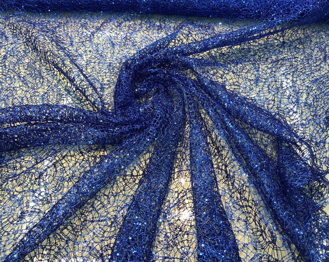 Cording spiderweb design lace with sequins embellished on it   Beautiful royal blue color cording lace fabric sold by the yard