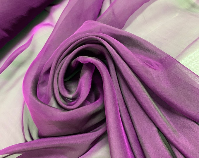 Beautiful Irredescent dark egg plant color silk chiffon 54” wide.  Best used for apparel.  Sold by the yard