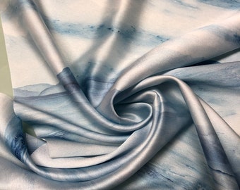 Soft Satin charmeuse digital print 54" wide   Beautiful ivory gray water wave ocean print design   Fabric sold by the yard