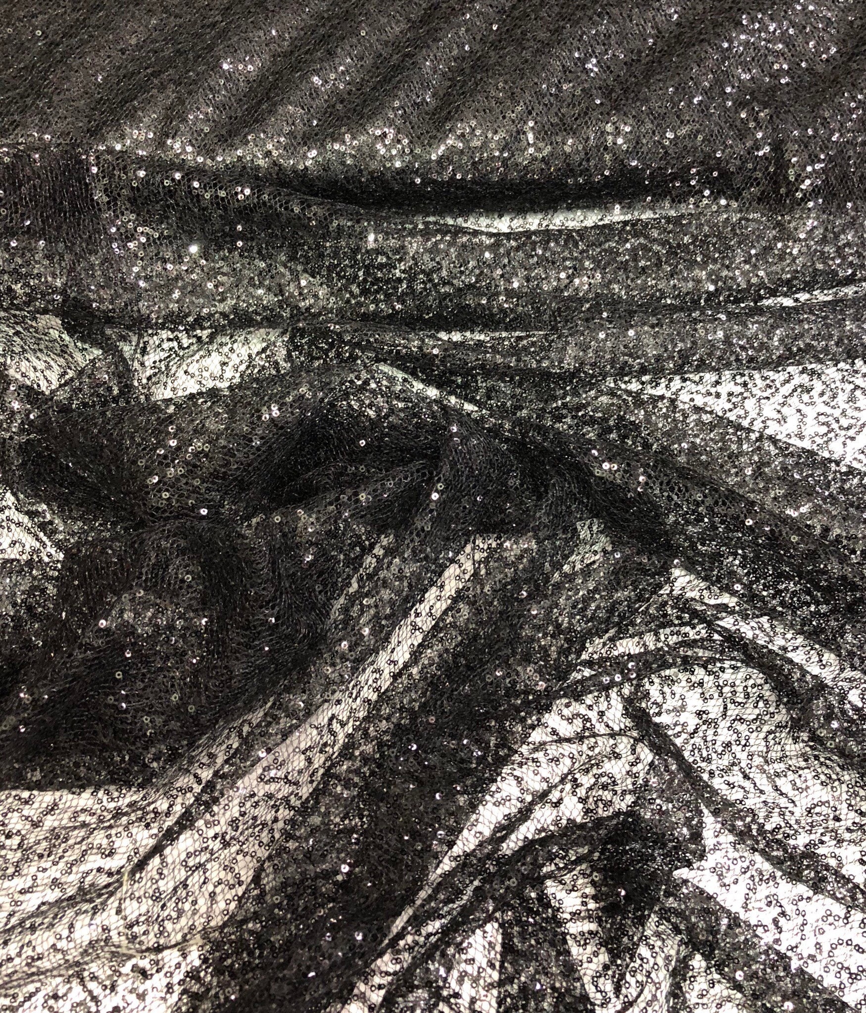 Black sequins on swirl sheer mesh fabric 52 wide Sequins mesh fabric