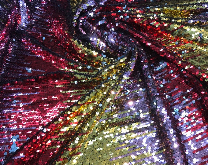 Multi color sequins 54" wide     Beautiful red gold purple color combo    Fabric sold by the yard