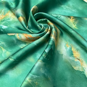 Soft Satin charmeuse digital print 54" wide   Beautiful dark apple green gold hand paint style abstract design   Fabric sold by the yard