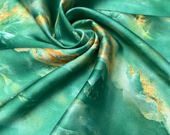 Soft Satin charmeuse digital print 54" wide   Beautiful dark apple green gold hand paint style abstract design   Fabric sold by the yard