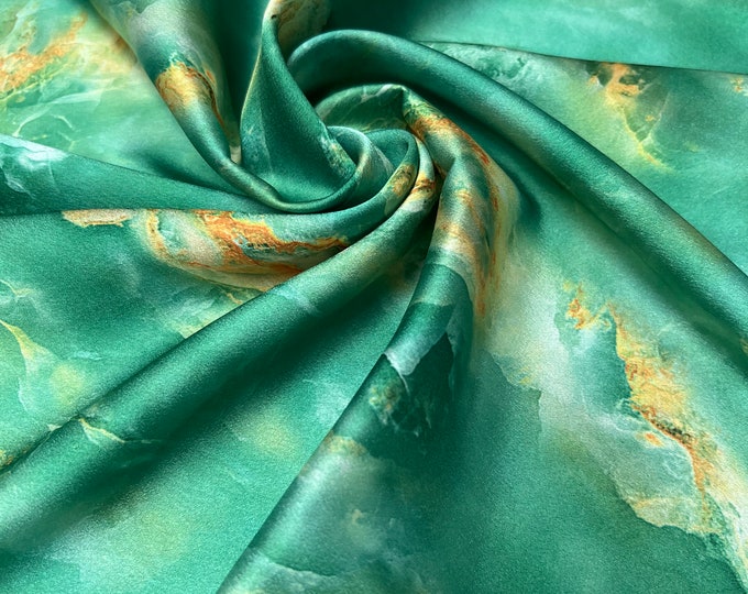 Soft Satin charmeuse digital print 54" wide   Beautiful dark apple green gold hand paint style abstract design   Fabric sold by the yard