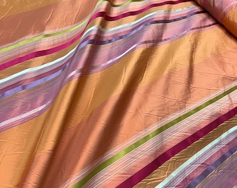 Silk taffeta satin stripe 54" wide     Beautiful orange coral shades with green red purple white stripe silk taffeta Fabric sold by the yard