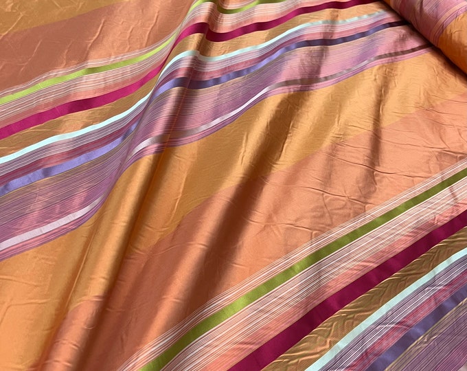 Silk taffeta satin stripe 54" wide     Beautiful orange coral shades with green red purple white stripe silk taffeta Fabric sold by the yard