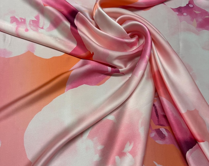 100% silk satin charmeuse digital print 54" wide    Beautiful ivory base with pink peach orange pastel floral design silk fabric 54” wide