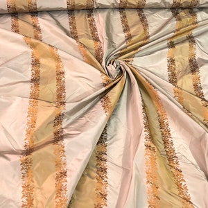 Silk taffeta 54&quot; wide   Beautiful grayish taupe rust gold stripe with ruat gold striped floral jaquard silk taffeta fabric sold by the yard