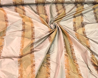 Silk taffeta 54" wide   Beautiful grayish taupe rust gold stripe with ruat gold striped floral jaquard silk taffeta fabric sold by the yard