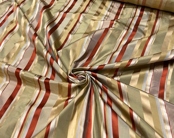 100% silk taffeta satin stripes, beautiful olive gold & burnt orange copper satin stripe with  54" wide          Sold by the yard