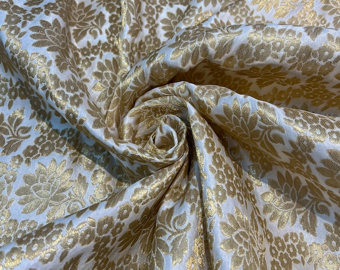 Jaquard floral brocade 44" wide   Beautiful White Gold  floral brocade fabric sold by the yard   Useable for apparel and interior decore