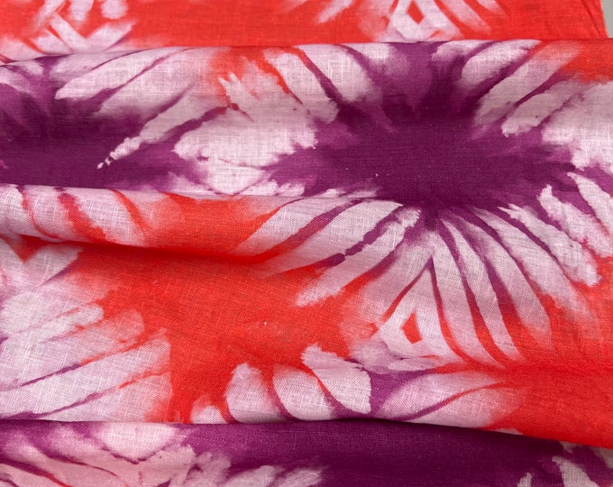 100% Linen designer print, orange purple ivory colors hand paint style designer printed linen. 58” wide Sold by the yard