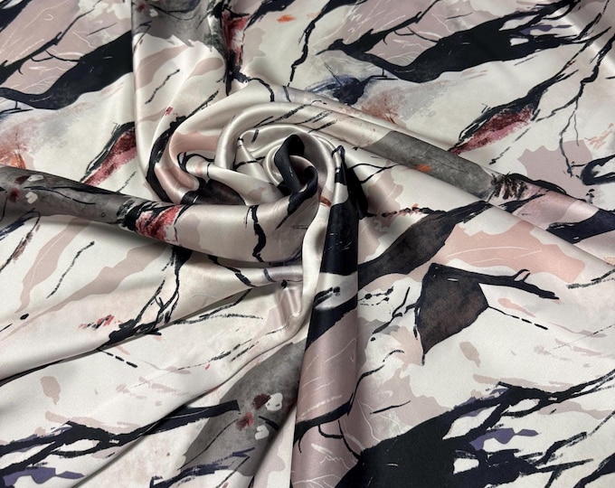 100% silk satin charmeuse digital print 54" wide    Beautiful ivory base with gray pink black abstract design silk 54” wide