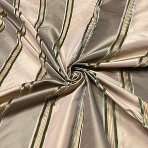100% silk beautiful olive green gold & sage green satin stripes with Velevt Embosed stripe silk taffeta 54&quot; wide            Sold by the yard