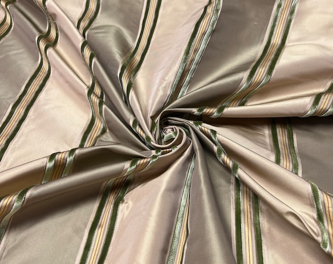 100% silk beautiful olive green gold & sage green satin stripes with Velevt Embosed stripe silk taffeta 54" wide            Sold by the yard