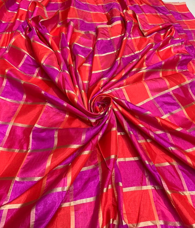 Vescose matalic plaid soft silky fabric 44 wide beautiful fusia pink red gold color