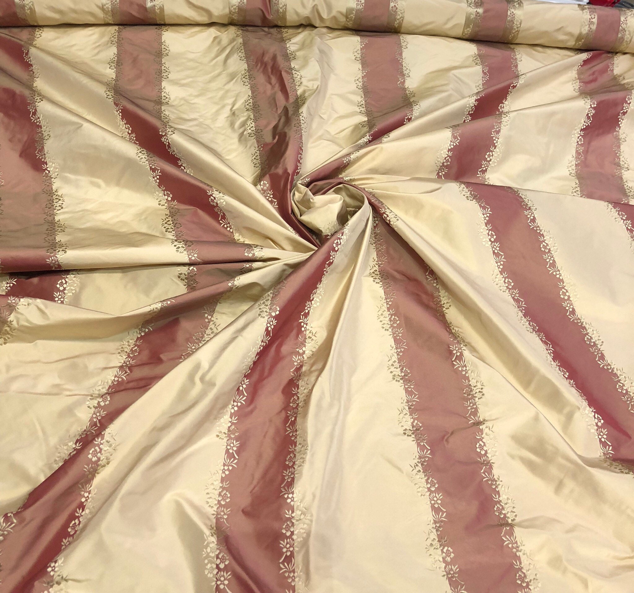 Silk taffeta 54 wide Beautiful tomato gold silk taffeta jaquard stripe