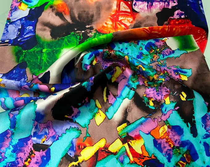 100% silk charmeuse digital print 54" wide   Beautiful bright colors orange turquoise Fusia green etc abstract. Fabric sold by the yard