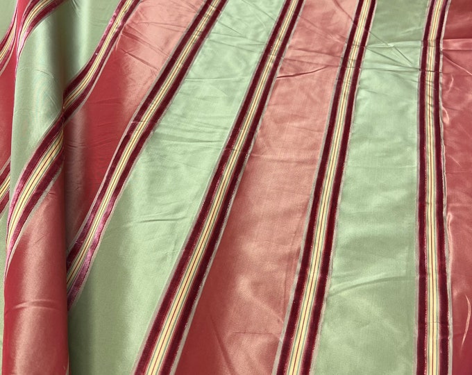 100% silk beautiful apple green with golden red satin stripes with Velevt Embosed stripe silk taffeta 54" wide            Sold by the yard